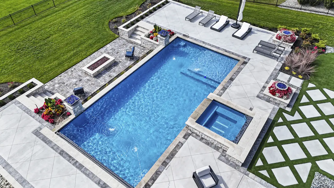 Overhead view of a rectangular pool with spa